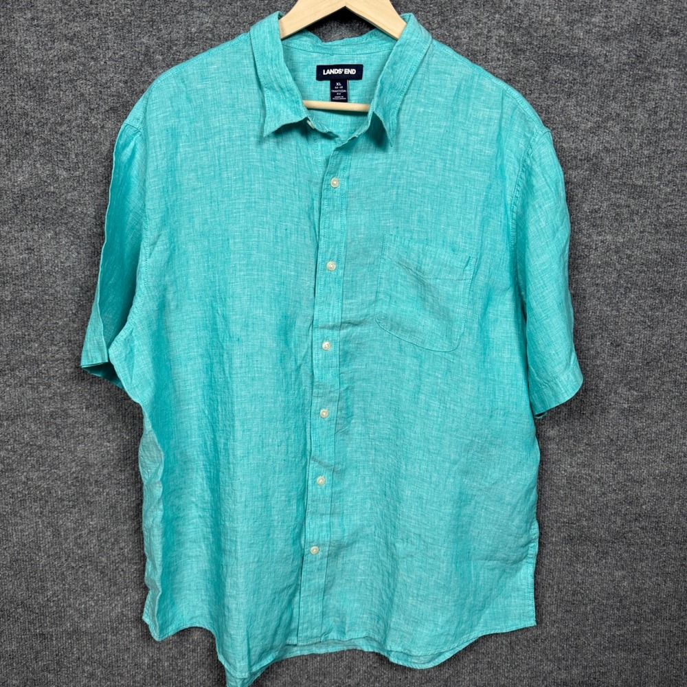 Lands' End Sz XL 46-48 Shirt Blue Coastal Linen Traditional Fit Vacation Resort